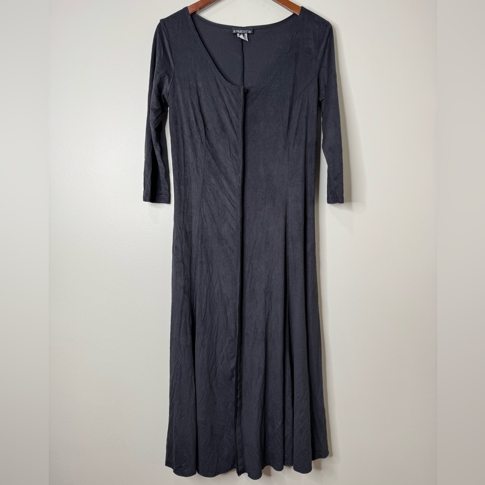 Pyramid Collection Black Stretch Micro Suede Snap Front Fit Flare‎ Midi Dress